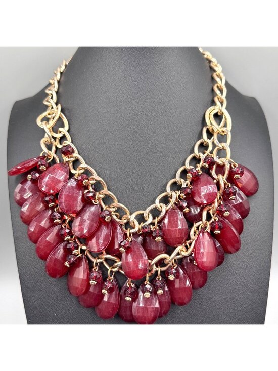 Estate Jewelry - Burgundy Red Acrylic Statement Necklace Shaky Teardrop Bead Gold Tone Bib 18"